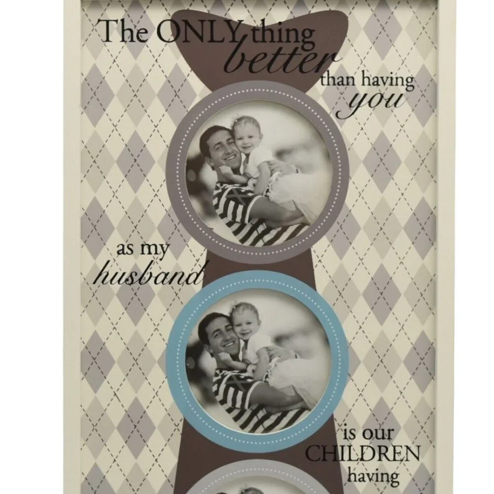 Fathers Day Photo Frame Vertical Tie Design Holds 3 Photos 4x6 Beige Brown Blue
